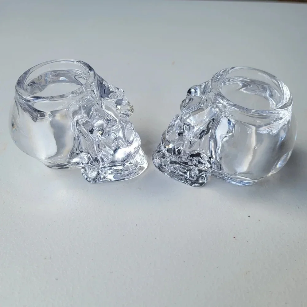 Set Of 2 Halloween Decor Art Glass Scull  Candleholder Tea Crystal Clear Heavy